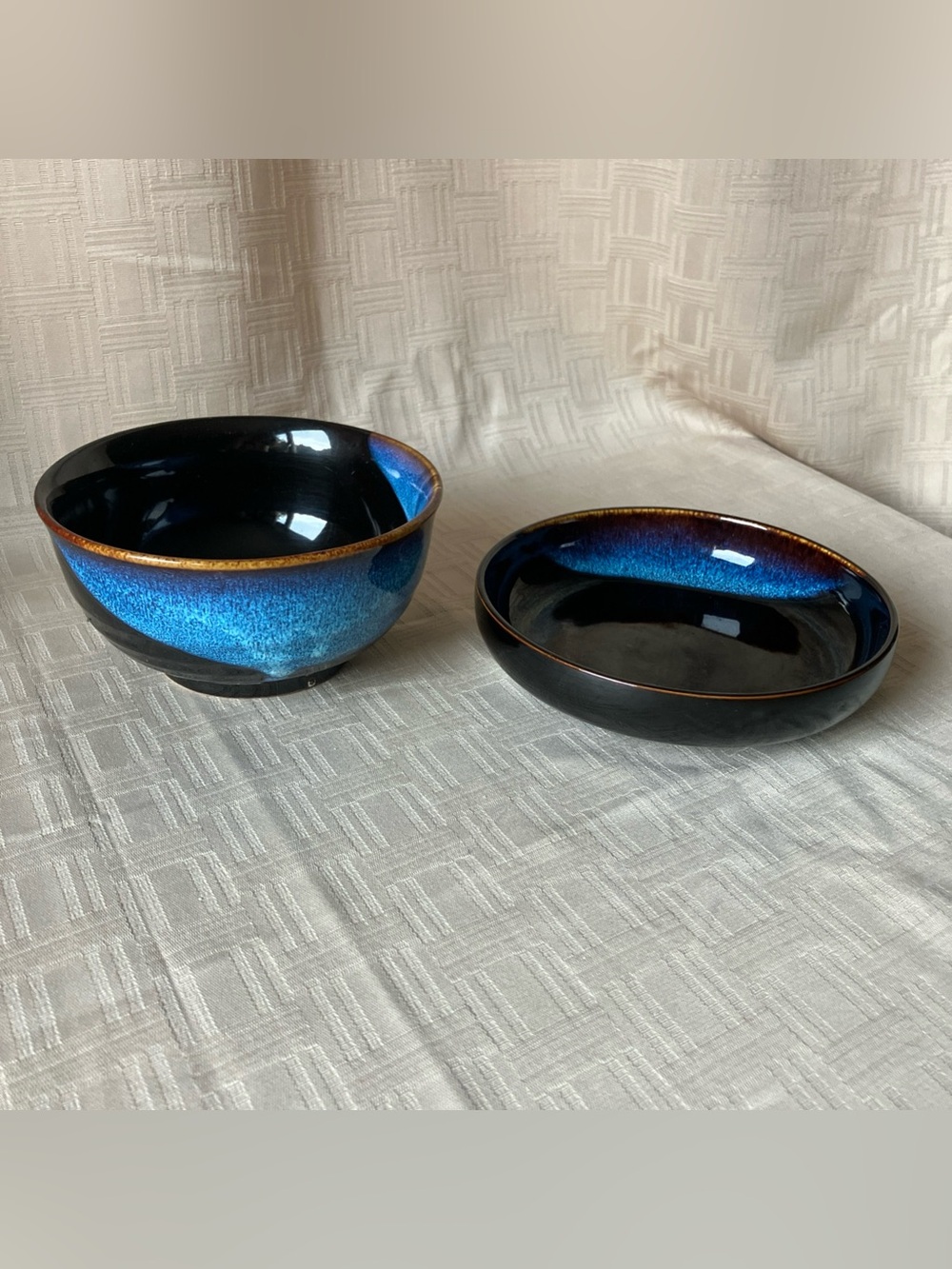 Vintage Japanese Tenmoku Glaze Pottery Bowls Set of 2 Cosmic Yohen Blue